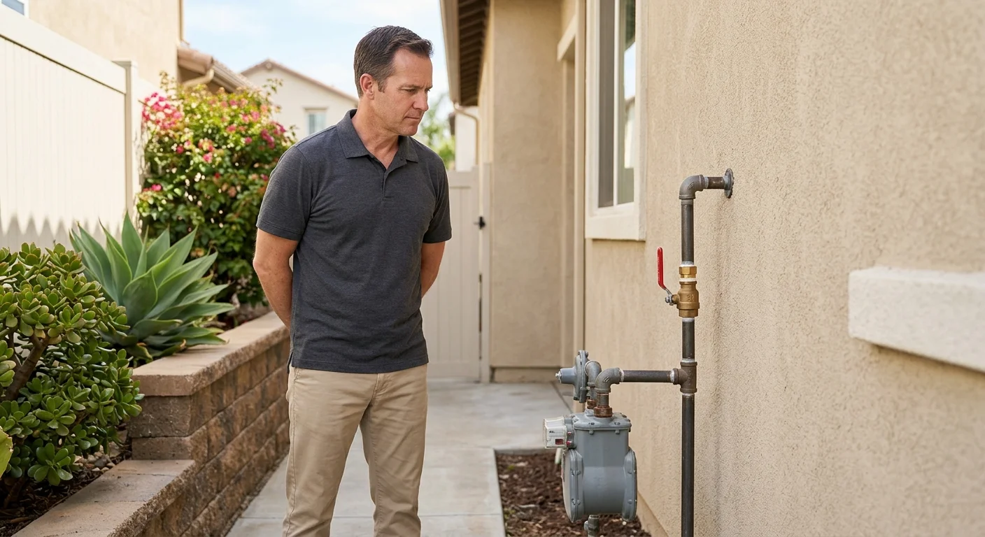 A homeowner observing a residential gas shutoff valve from a safe distance