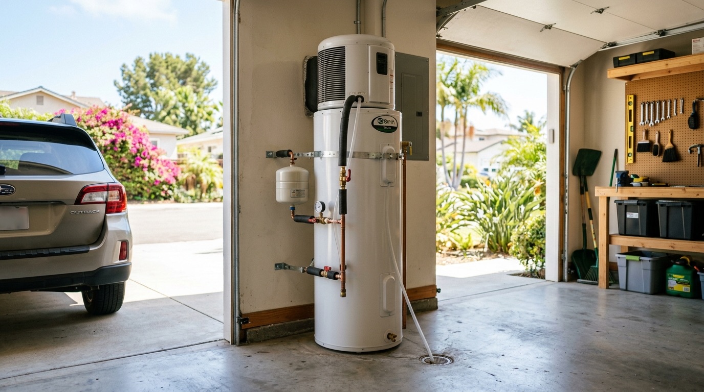 A hybrid heat pump water heater installed in a clean San Diego garage next to a floor drain