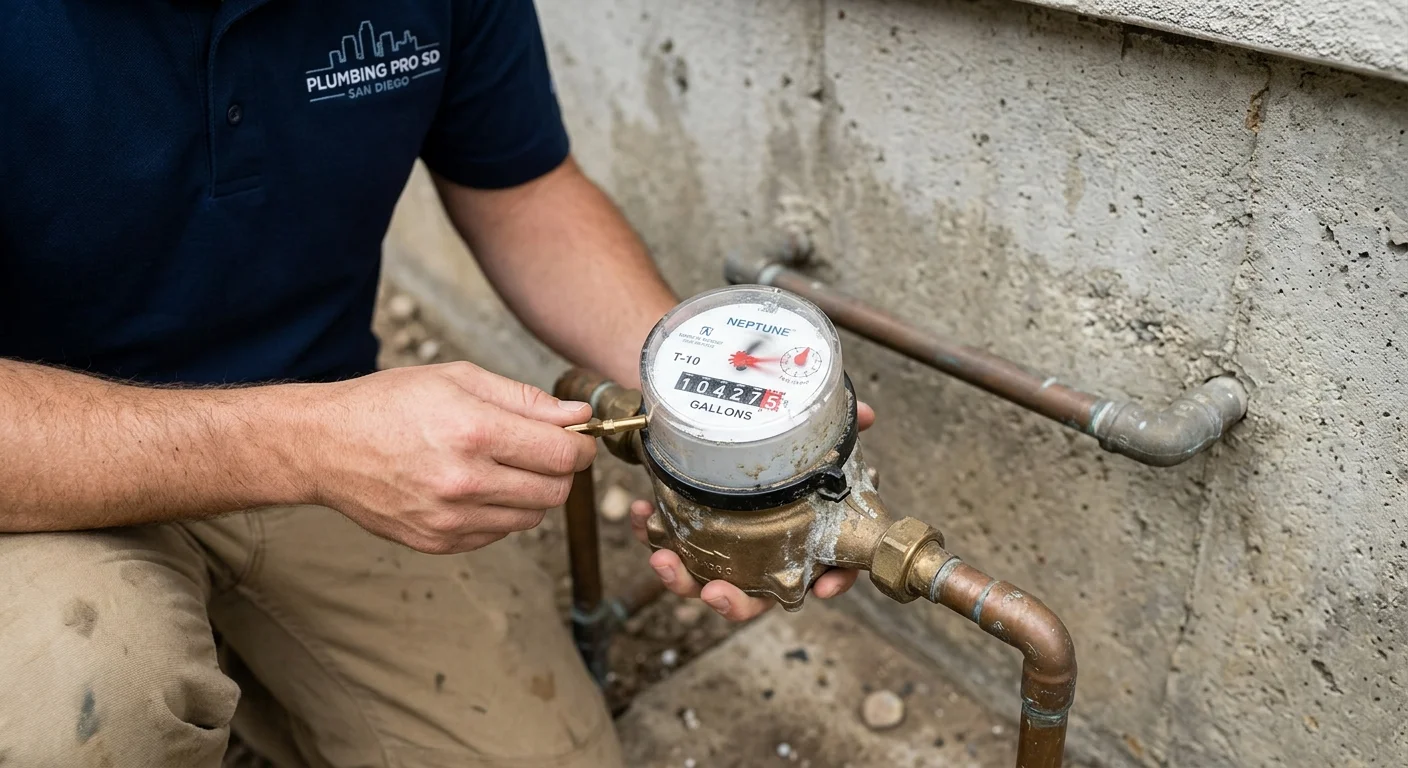A close-up of a residential water meter with the dial spinning, concrete background, soft daylight, photorealistic