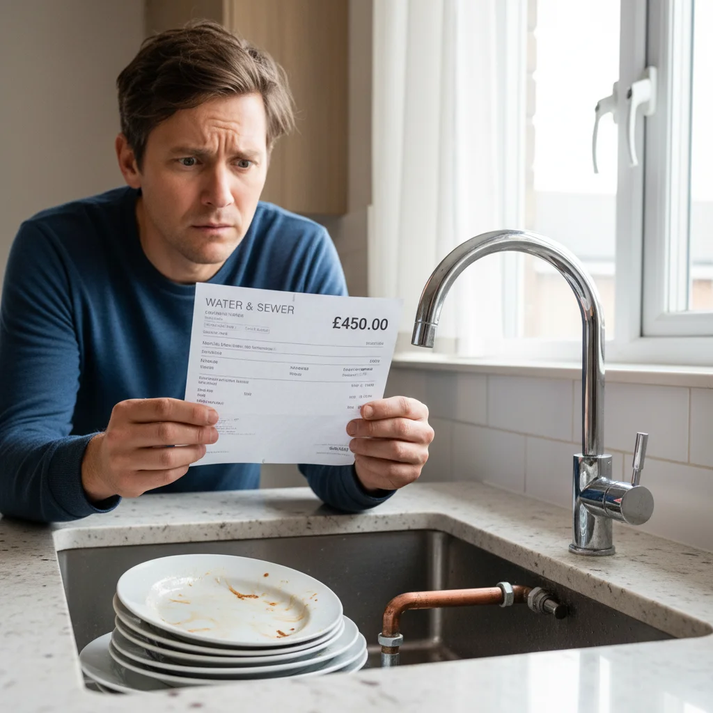 A homeowner holding a high water bill in front of a kitchen sink, concerned expr