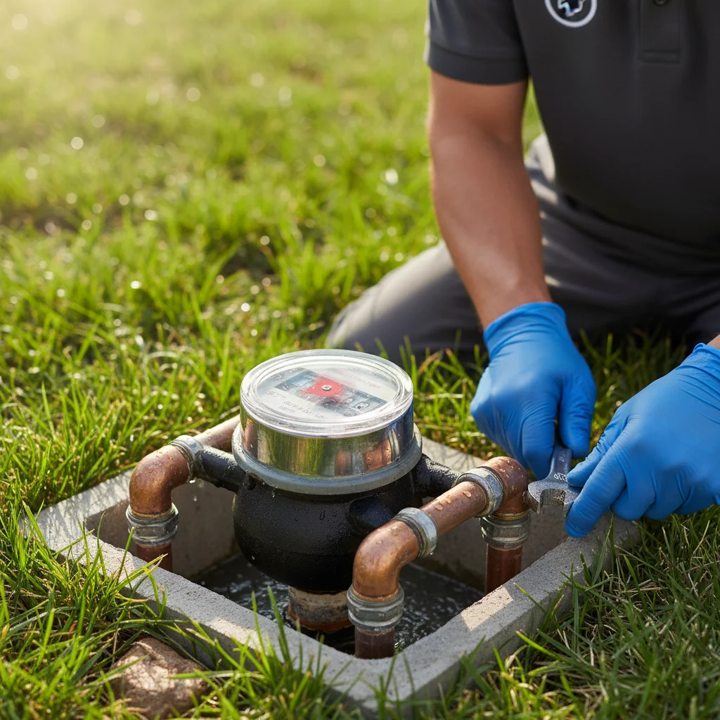 A close-up of a residential water meter with the leak indicator triangle spinnin