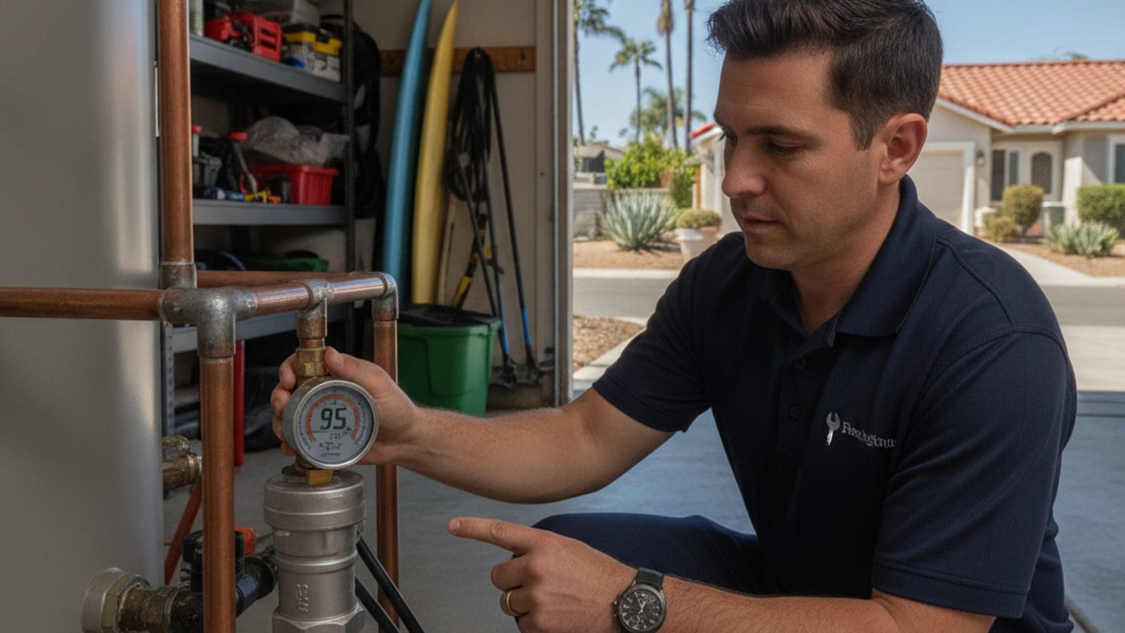 Plumber checking water pressure with a gauge on an outdoor hose bib at a San Diego home