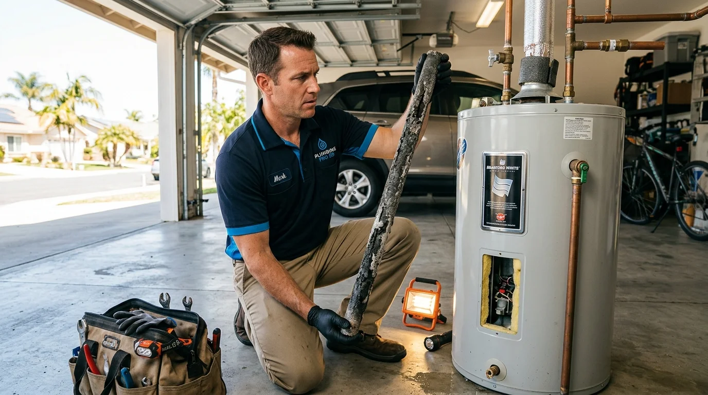 A plumber inspecting a corroded anode rod pulled from a water heater tank in a San Diego garage
