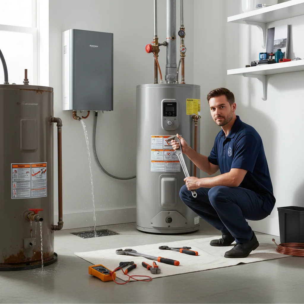 San Diego plumber inspecting a residential toilet tank during a repair visit