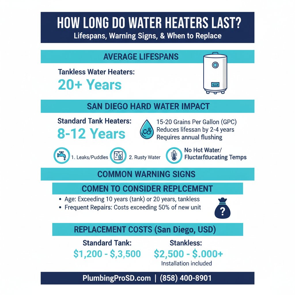 Infographic: How Long Do Water Heaters Last? Lifespans, Warning Signs, and When to Replace — key facts and costs for San Diego homeowners