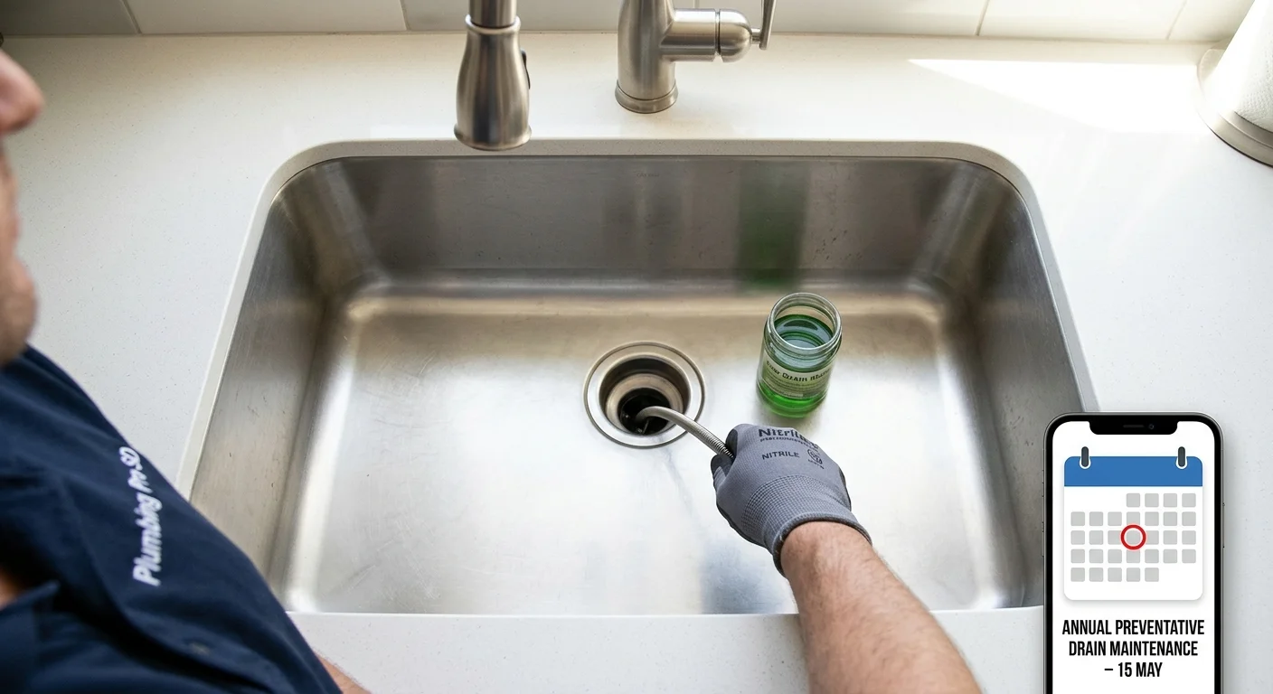 A clean, empty kitchen sink drain, with a calendar icon overlaid in the corner showing a yearly reminder, concept of preventative maintenance