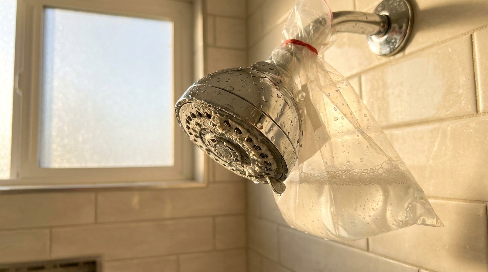 Regadera remojándose en una bolsa de vinagre para quitar el sarro del agua dura en un baño de San Diego