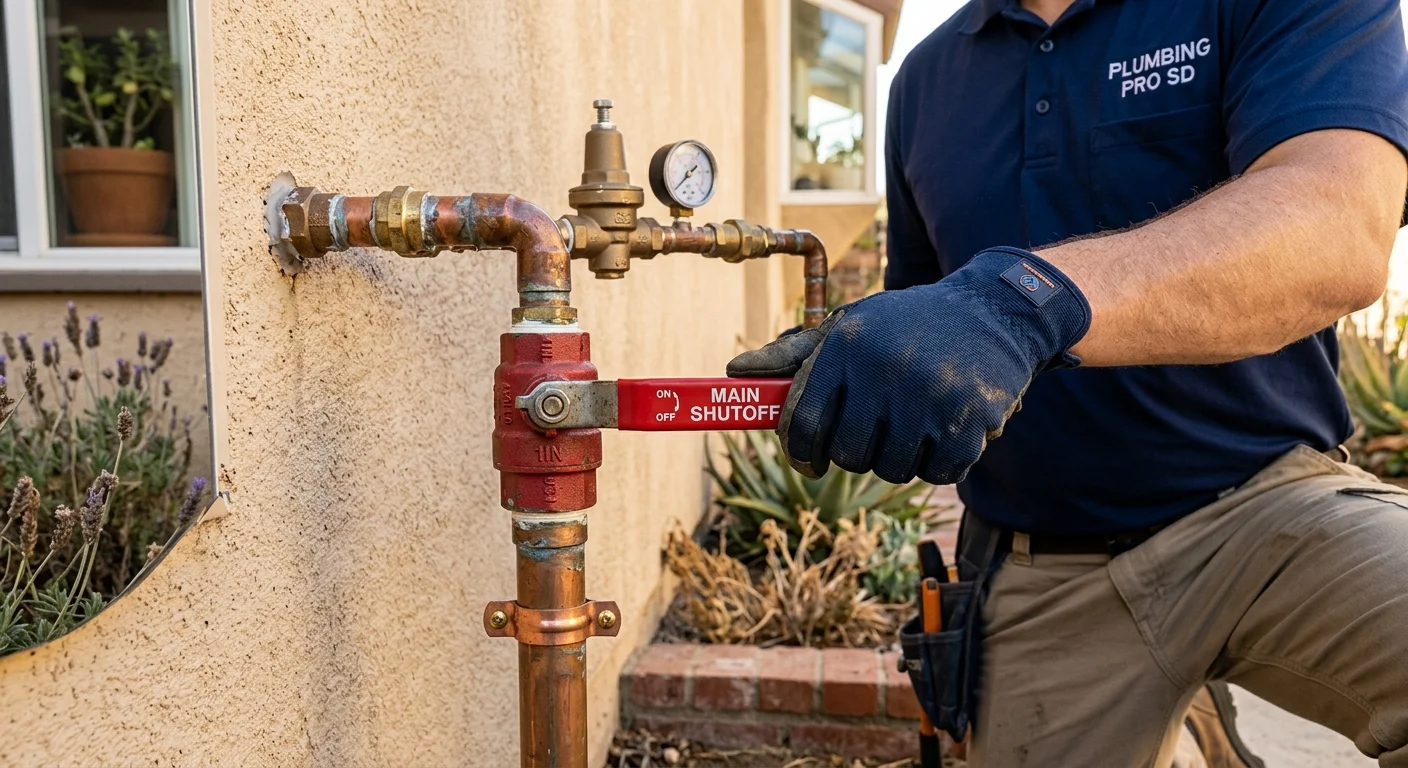A close-up of a red-handled ball valve on a copper pipe on the exterior wall of a home, clearly identifiable as a main shutoff, photorealistic.