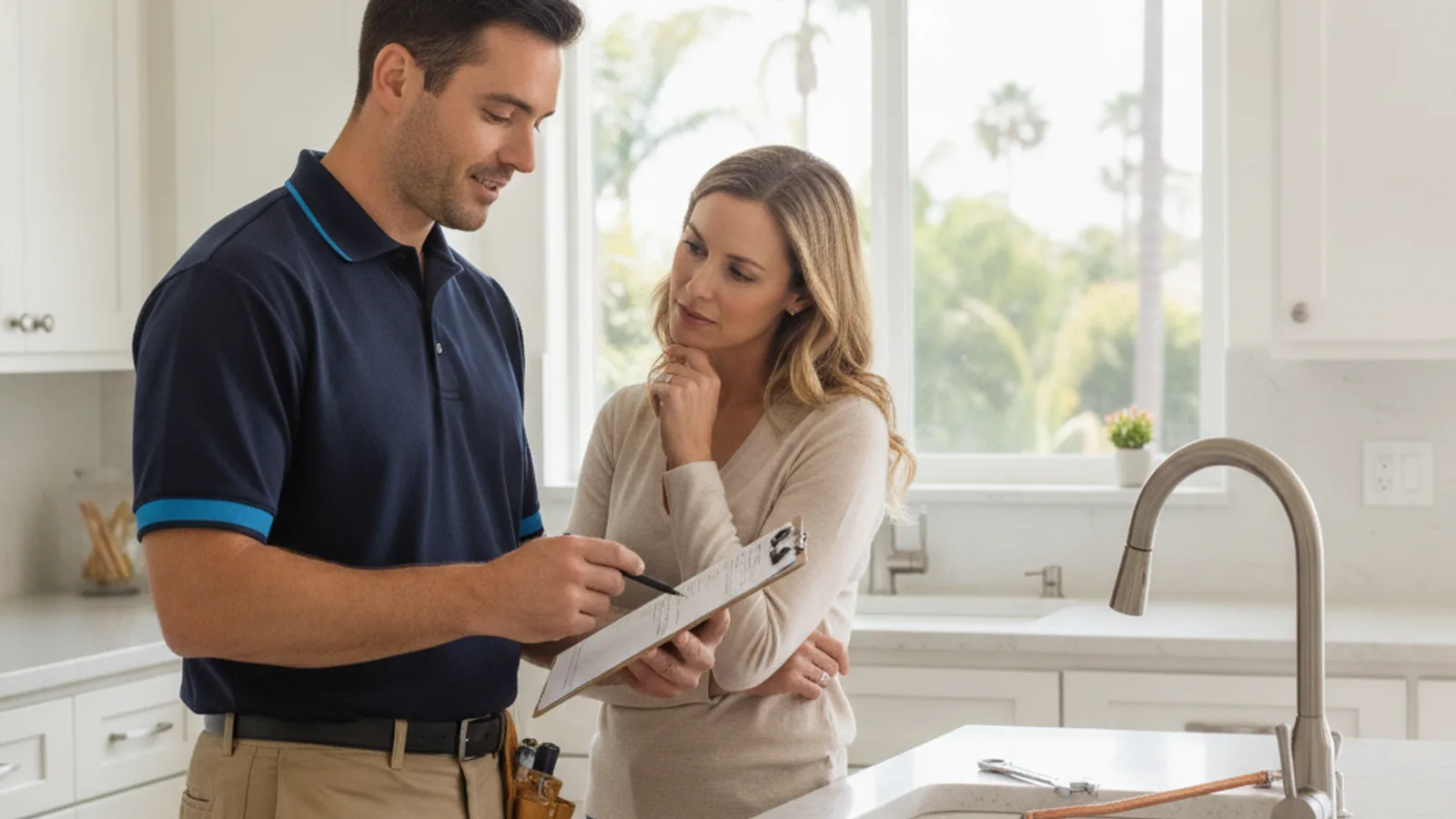 A plumber and homeowner reviewing a written estimate on a clipboard in a kitchen
