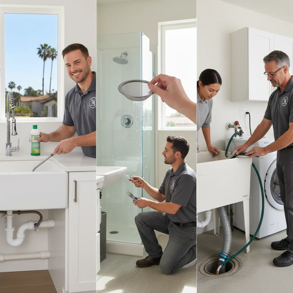 San Diego plumber clearing a clogged kitchen drain with a hand snake under the sink.