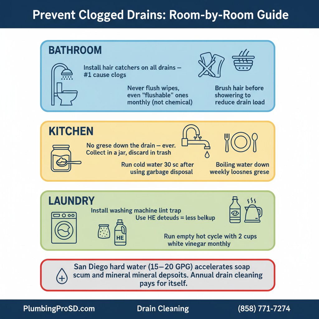 Infographic: room-by-room guide to preventing clogged drains in San Diego homes
