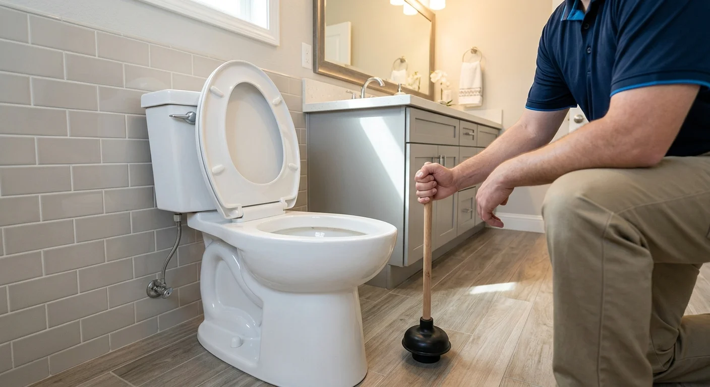 A clean, modern toilet with the lid up, next to a flange plunger, in a well-lit bathroom