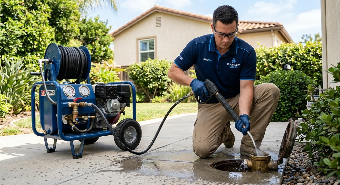 A plumber operating a hydro-jetting machine hose at a residential cleanout in a San Diego backyard, water pressure equipment visible, daylight, photorealistic
