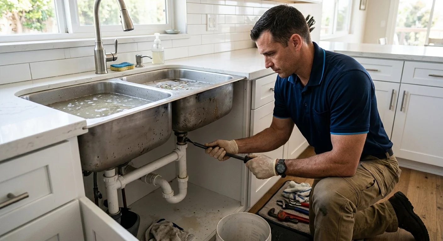 Cloudy water backing up inside a double-basin kitchen sink