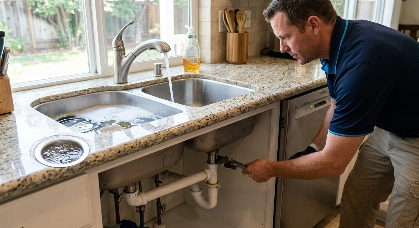 Kitchen sink beside a running dishwasher with bubbles at the drain