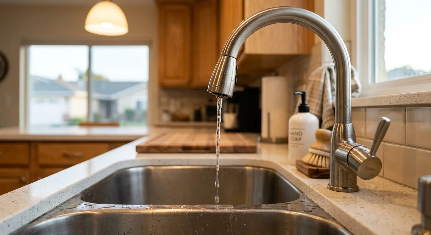 A close-up of a kitchen faucet with weak water flow, soft kitchen lighting, photorealistic