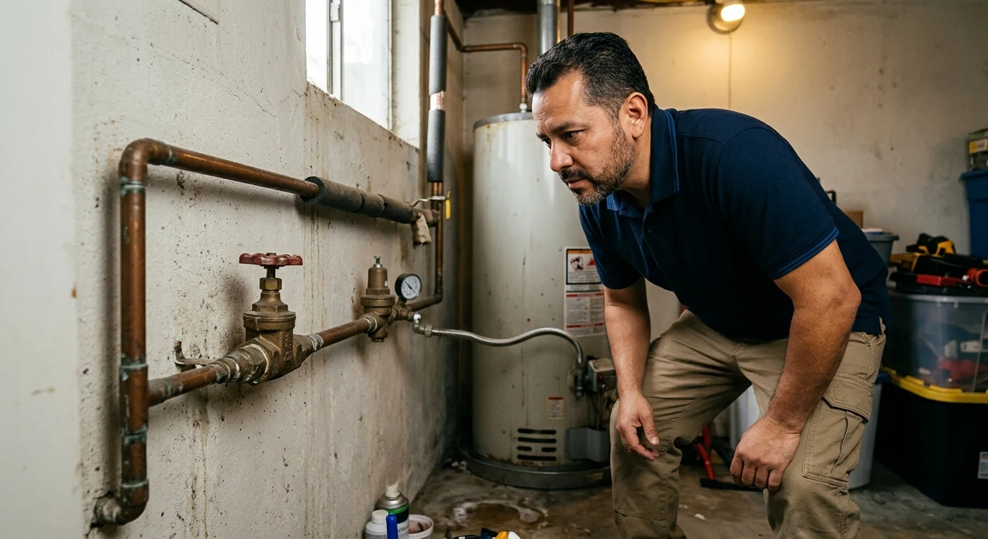 A homeowner examining a residential main water shutoff valve without touching it