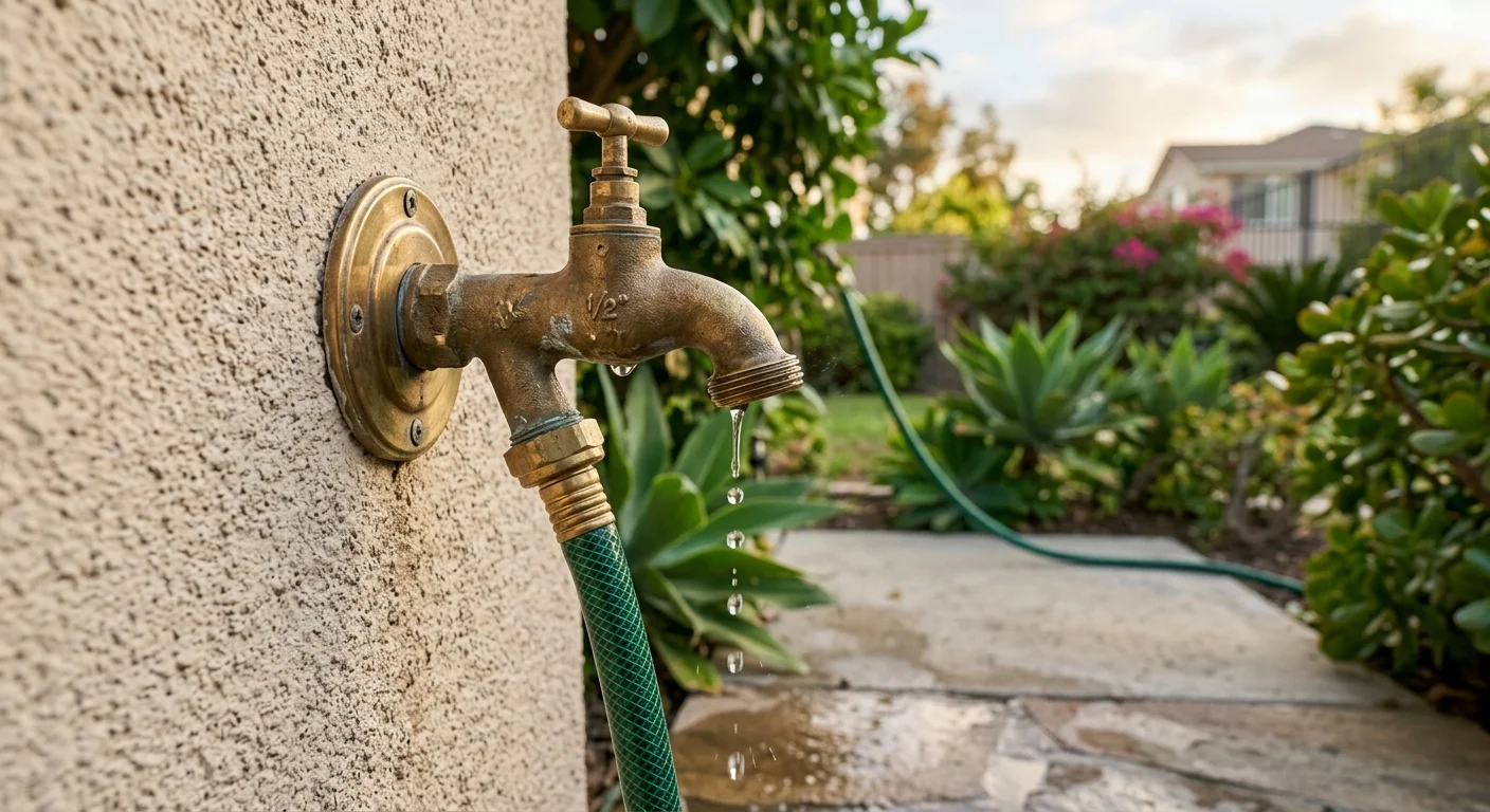 An outdoor brass hose bib on a stucco wall with water dripping from the spout, S