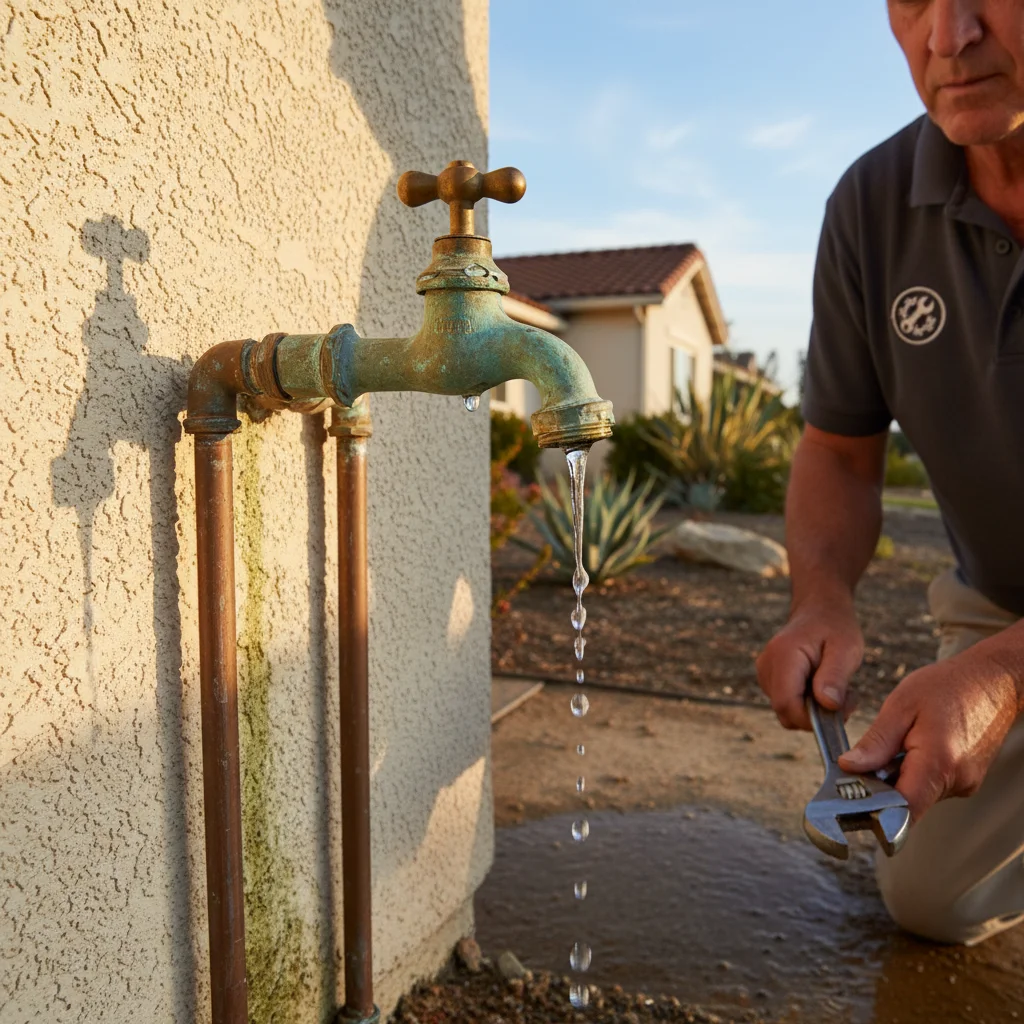 A weathered outdoor faucet on a stucco wall dripping water from the handle.
