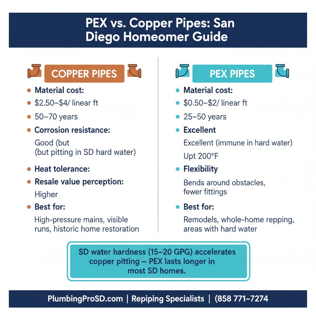 Infographic comparing PEX vs copper pipes: cost, lifespan, pros and cons for San Diego homeowners