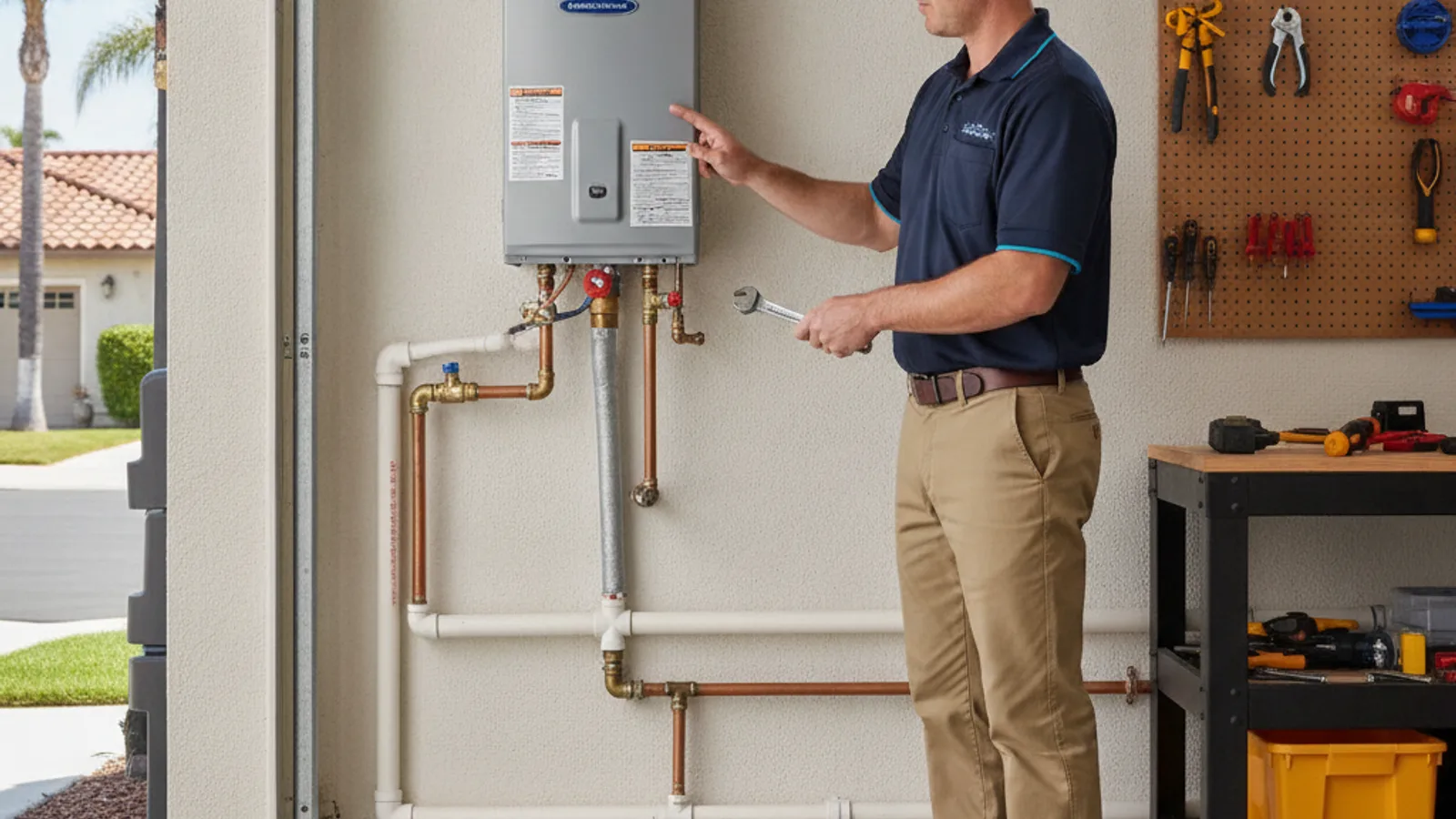 Tankless water heater mounted on a garage wall in a suburban San Diego home