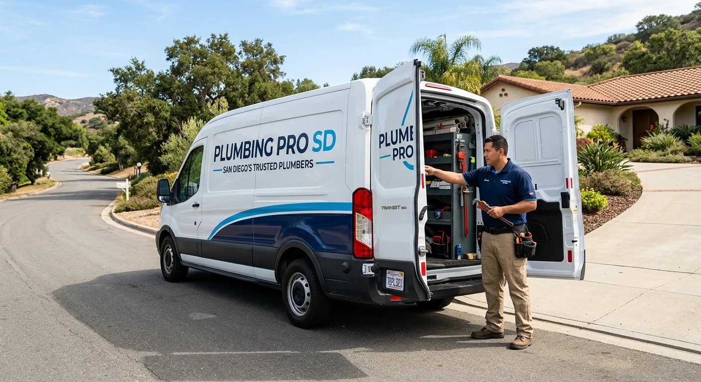 A clean plumbing service van parked on a street with Bonsall's characteristic rural or semi-rural landscape in the background, sunny day, professional, photorealistic.