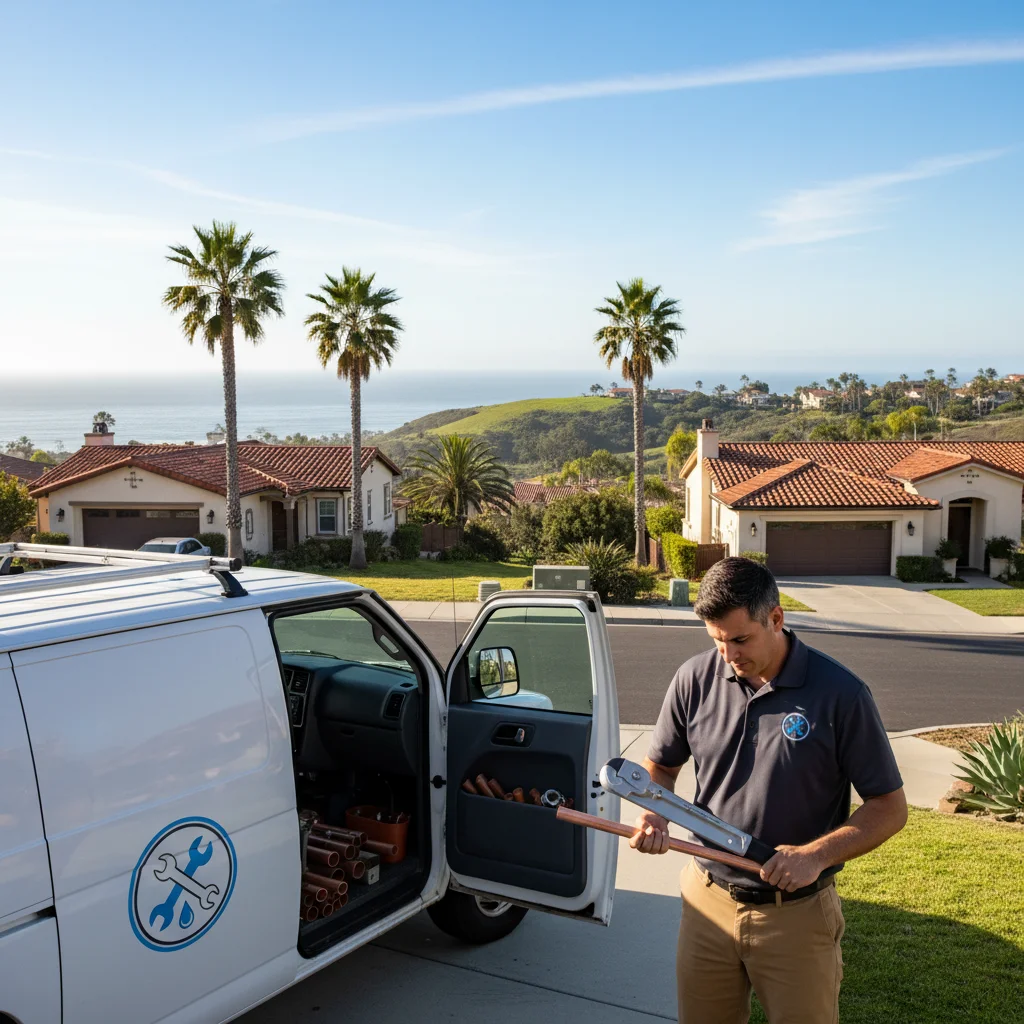 A Plumbing Pro San Diego van parked in the driveway of a Mediterranean-style home in a Carlsbad coastal neighborhood, with palm trees and the ocean in the distance.