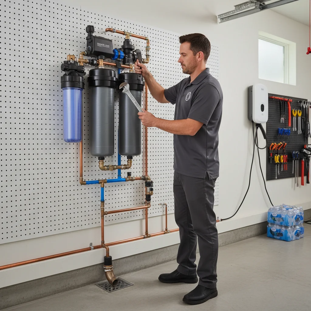 A skilled plumber from Plumbing Pro San Diego installing a modern whole-house water filtration system in a clean Carlsbad garage.