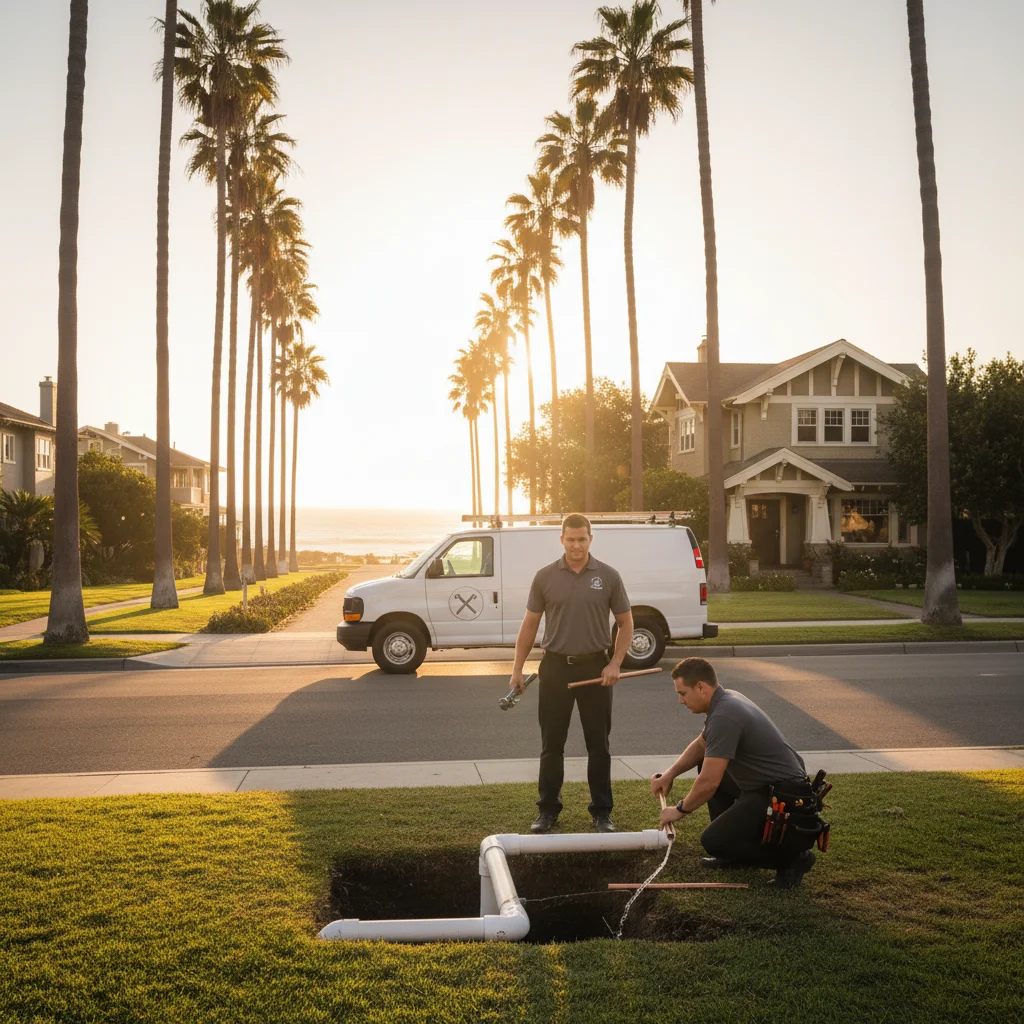 Plumbing Pro service van parked in front of a craftsman home on a palm-lined Coronado street at golden hour