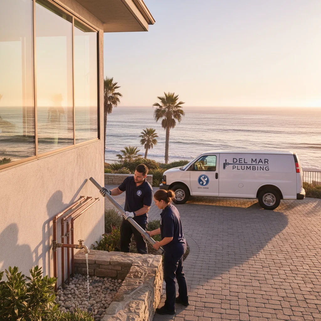 Plumbing Pro San Diego service van parked in front of a modern Del Mar bluff home at golden hour