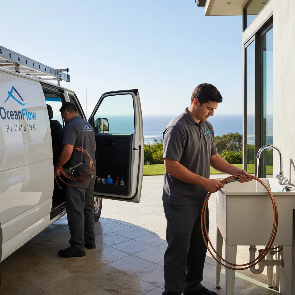 A luxury Del Mar home with an ocean view, with a Plumbing Pro San Diego van in the driveway.