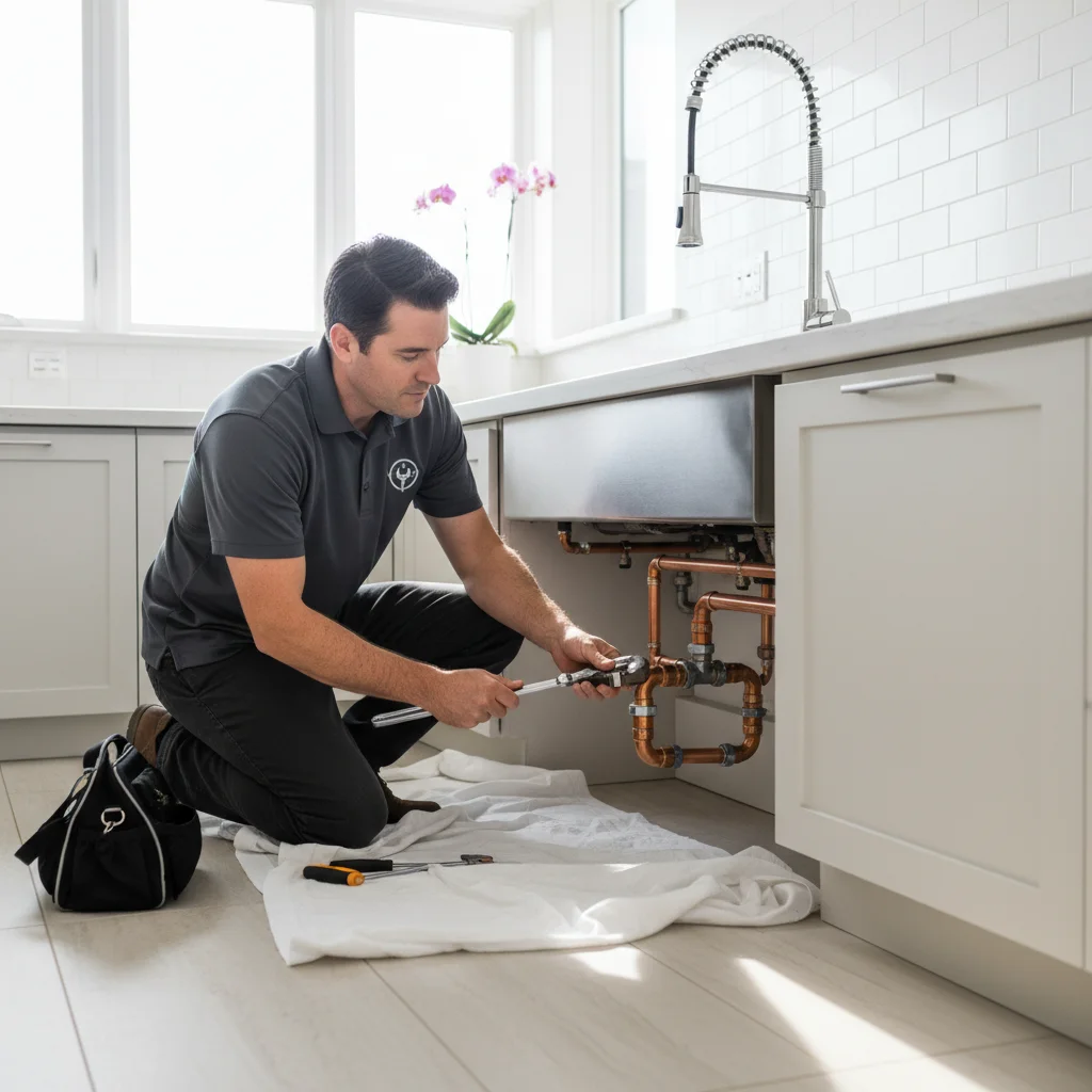 A Plumbing Pro San Diego plumber working meticulously under a kitchen sink in a modern Del Mar home.