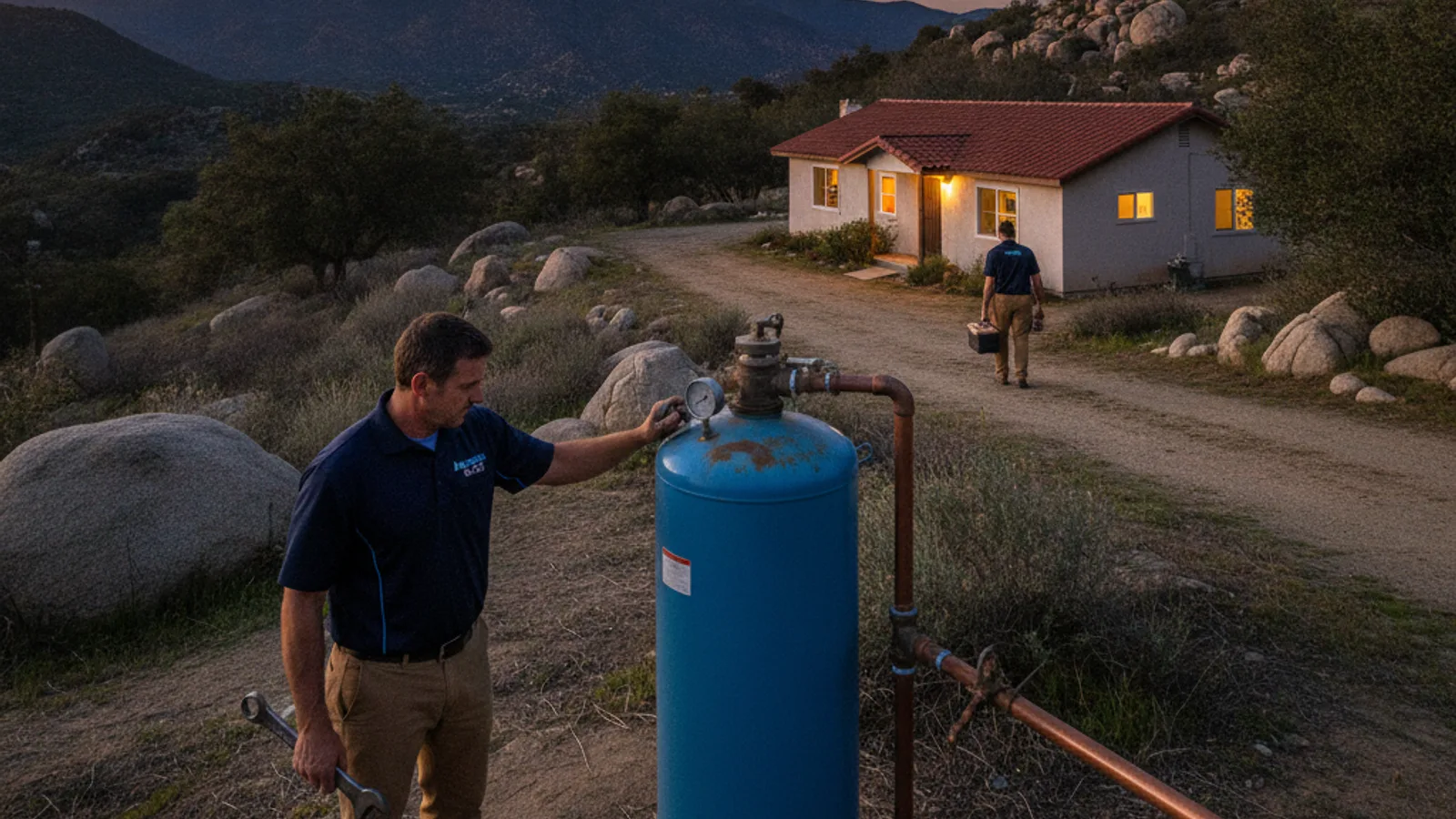 A well pressure tank and propane line beside a rural East County San Diego home at dusk