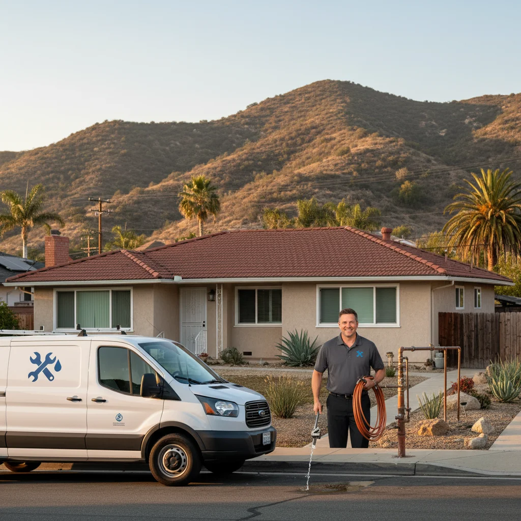 Plumbing service van parked in front of a 1970s ranch home in El Cajon with hills in the background