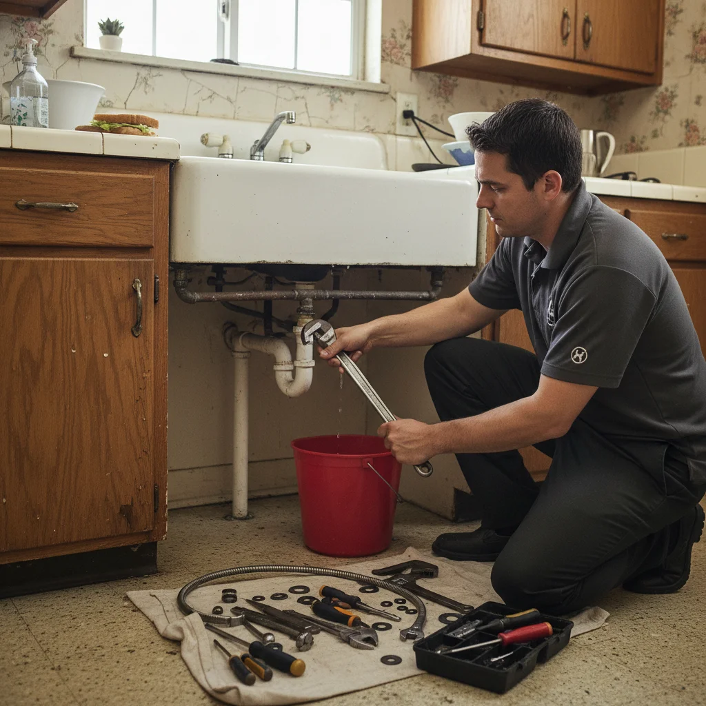 Plumber repairing a kitchen sink in an older El Cajon home with tools laid out on the counter