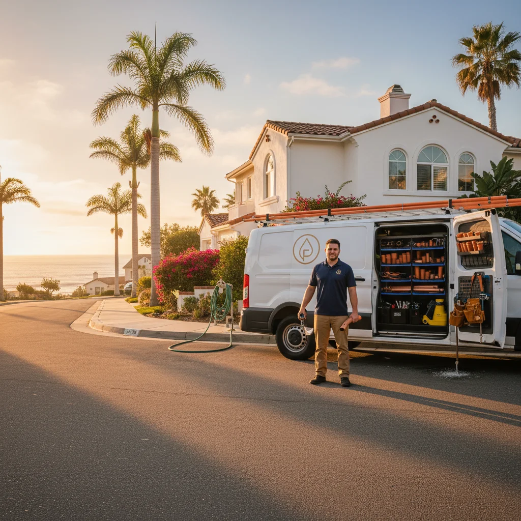 A clean Encinitas coastal neighborhood street with a plumbing service van parked
