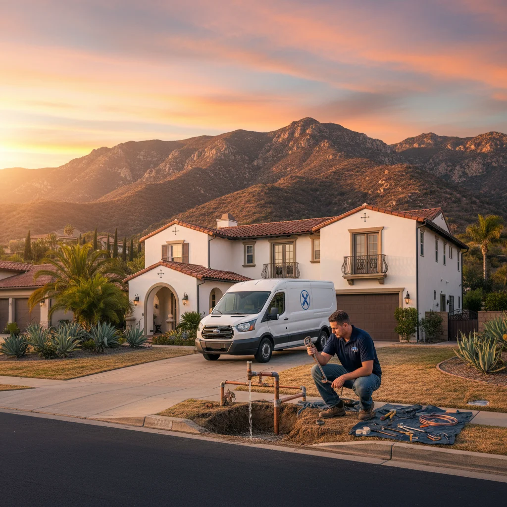Plumbing Pro San Diego van parked in front of a Spanish-style home in an Escondido valley neighborhood at golden hour