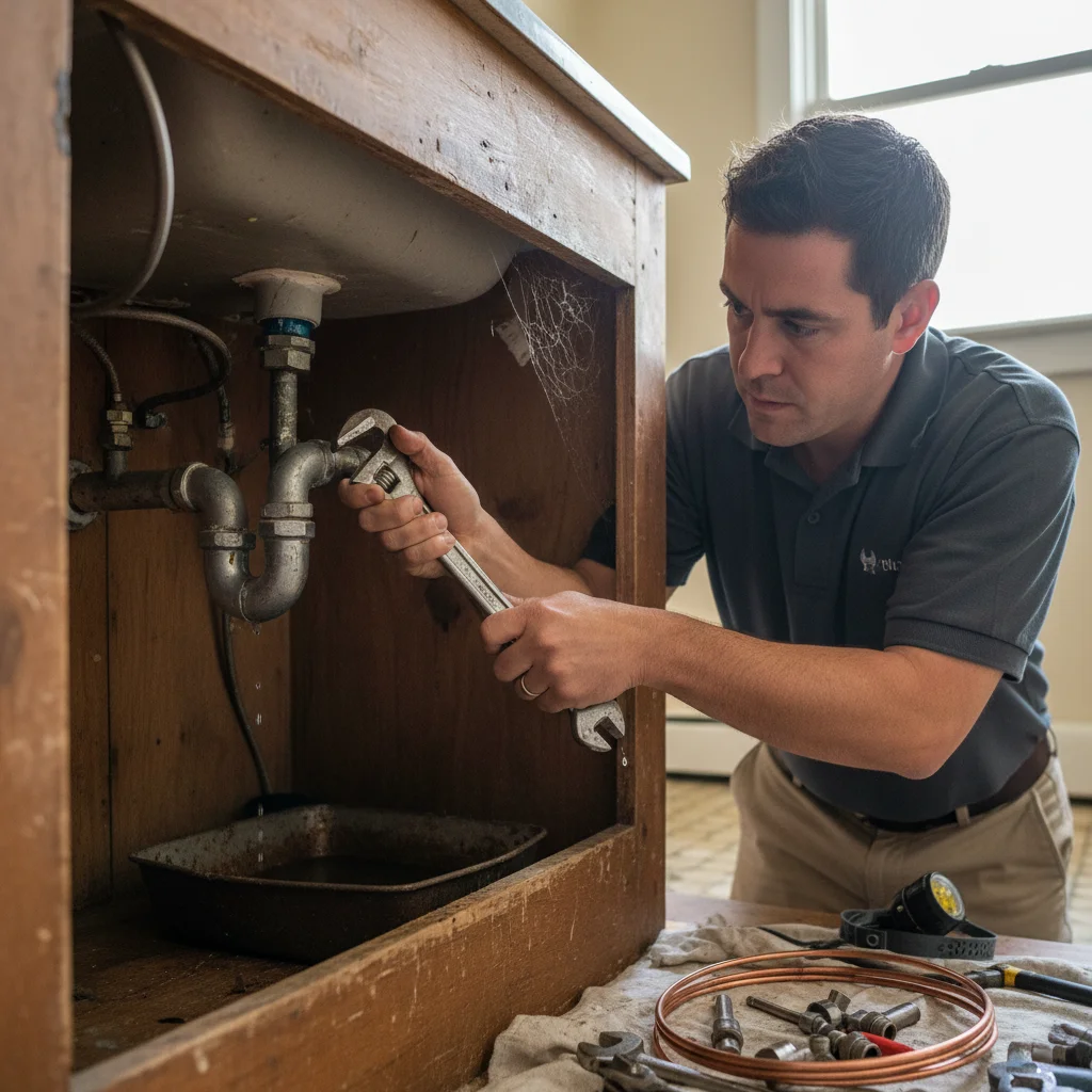 Plumber inspecting old galvanized pipe under a sink in an Escondido home