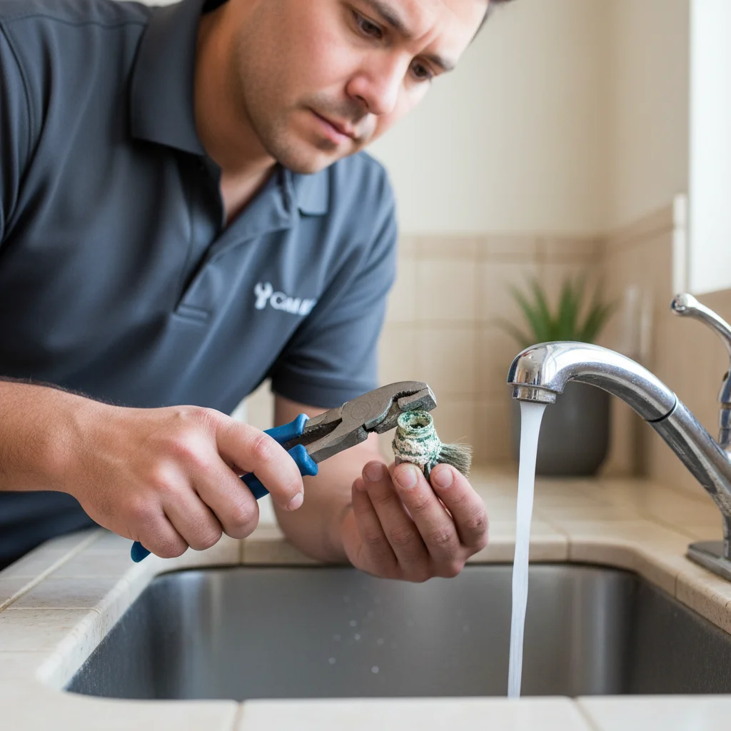 Plumber examining white mineral buildup from hard water on an Escondido kitchen faucet.