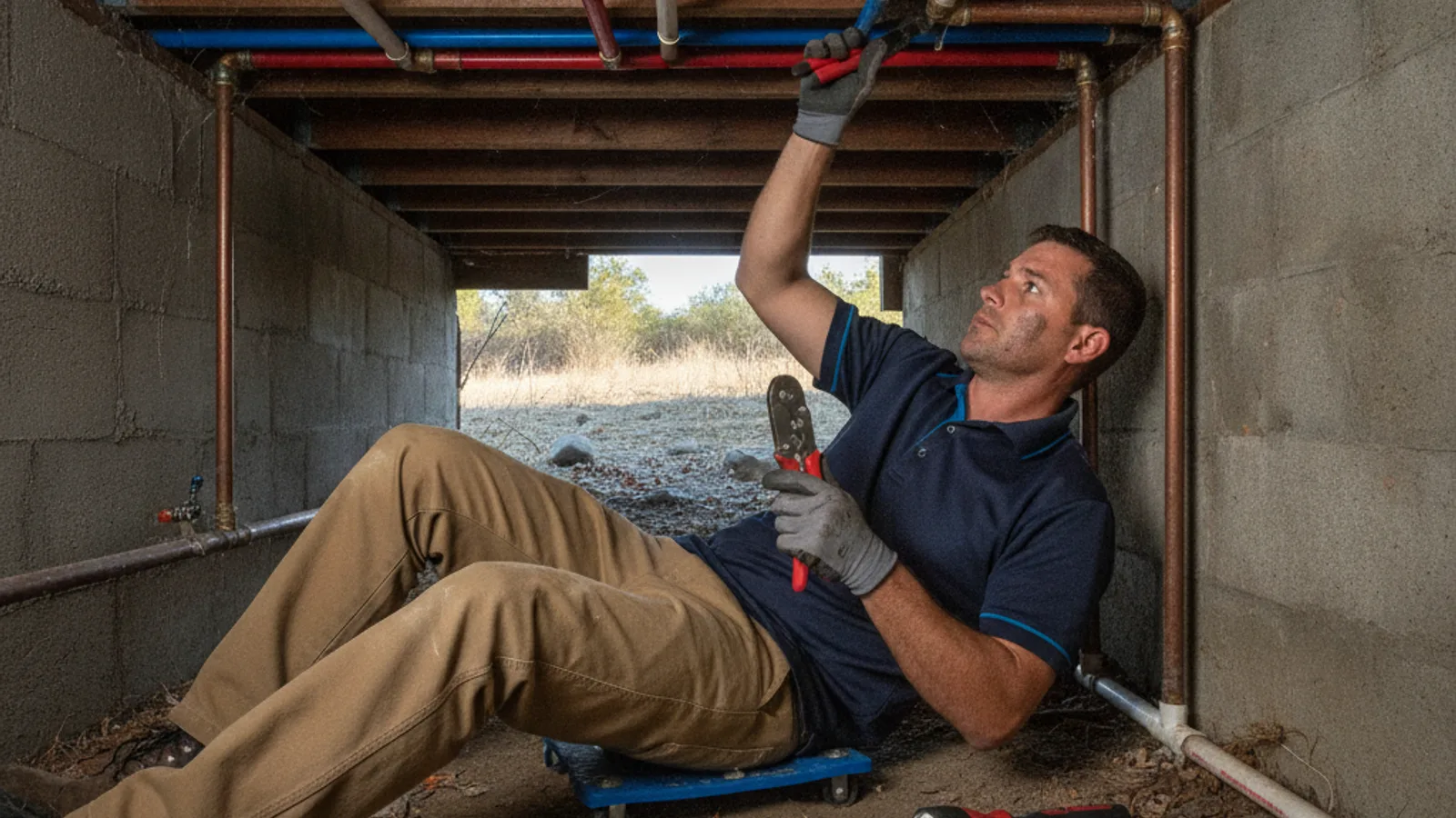 Plumber running new piping through a crawl space on a rural Fallbrook property