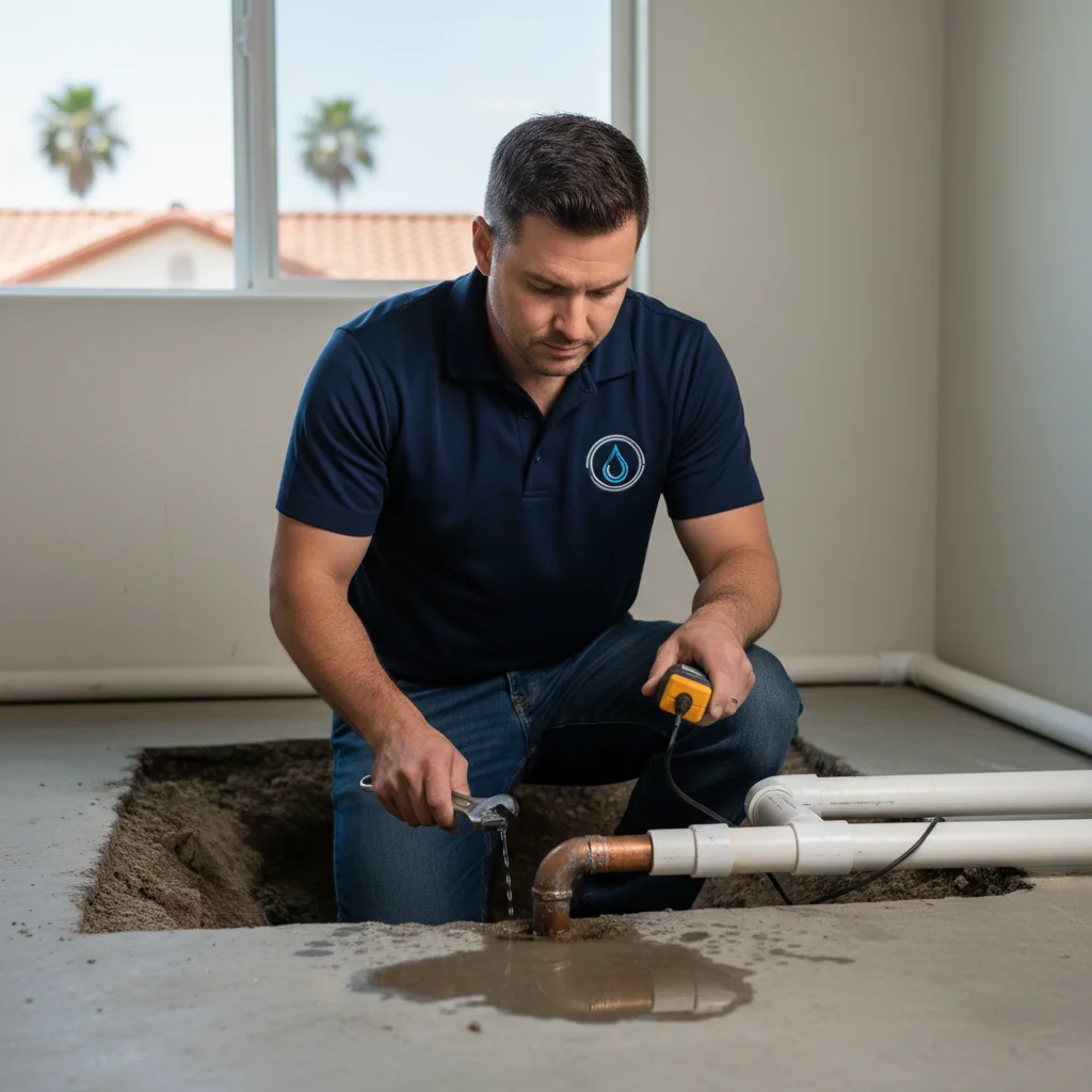 New low-flow 1.28 GPF toilet installed on a tile bathroom floor in a San Diego home