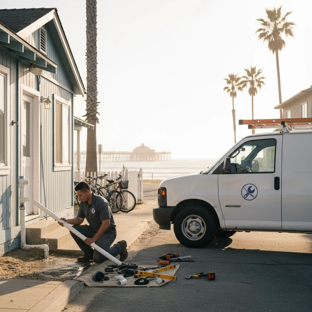 Imperial Beach coastal street with the pier in the distance and a plumbing van parked outside a beach cottage