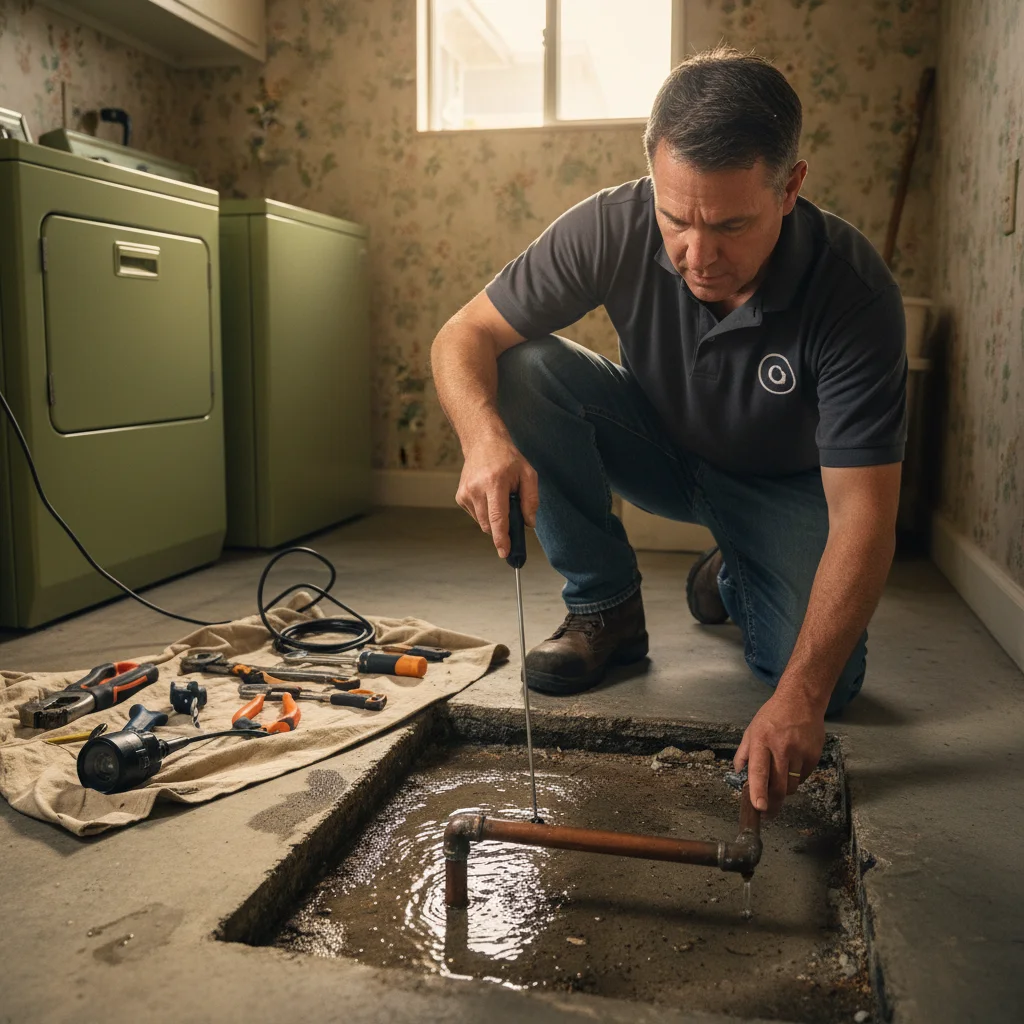 Plumber inspecting a slab leak in a 1970s Imperial Beach home with tools laid out on the floor