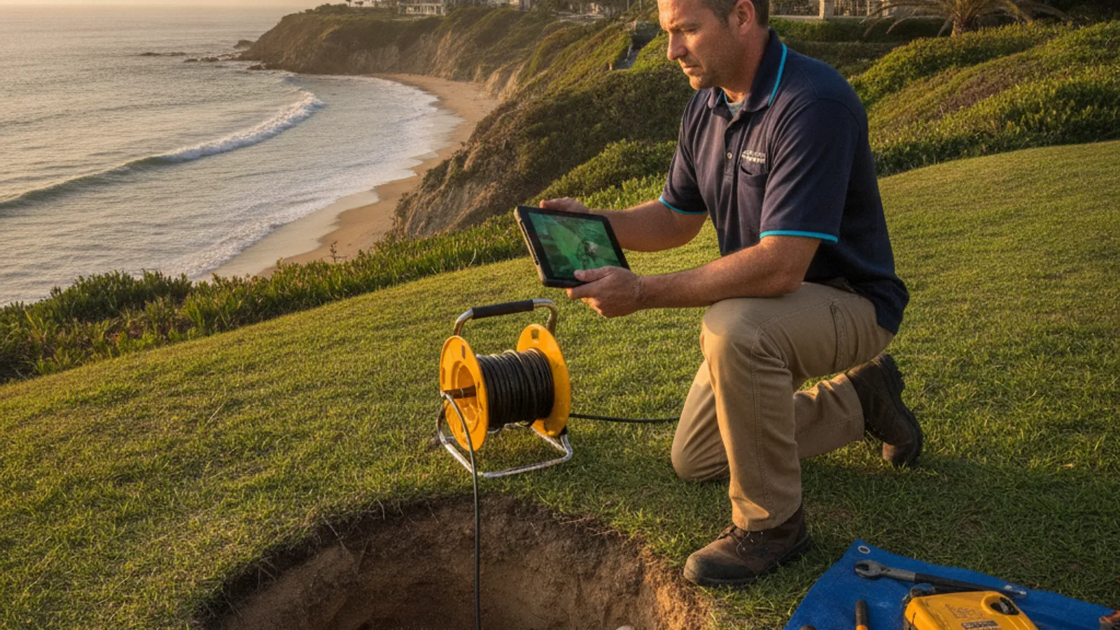 Plumber reviewing sewer camera footage on a hillside property in La Jolla
