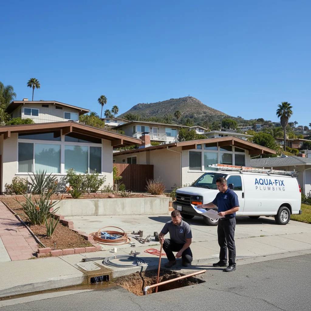 La Mesa hillside neighborhood near Mt. Helix with mid-century homes and a plumbing van parked out front