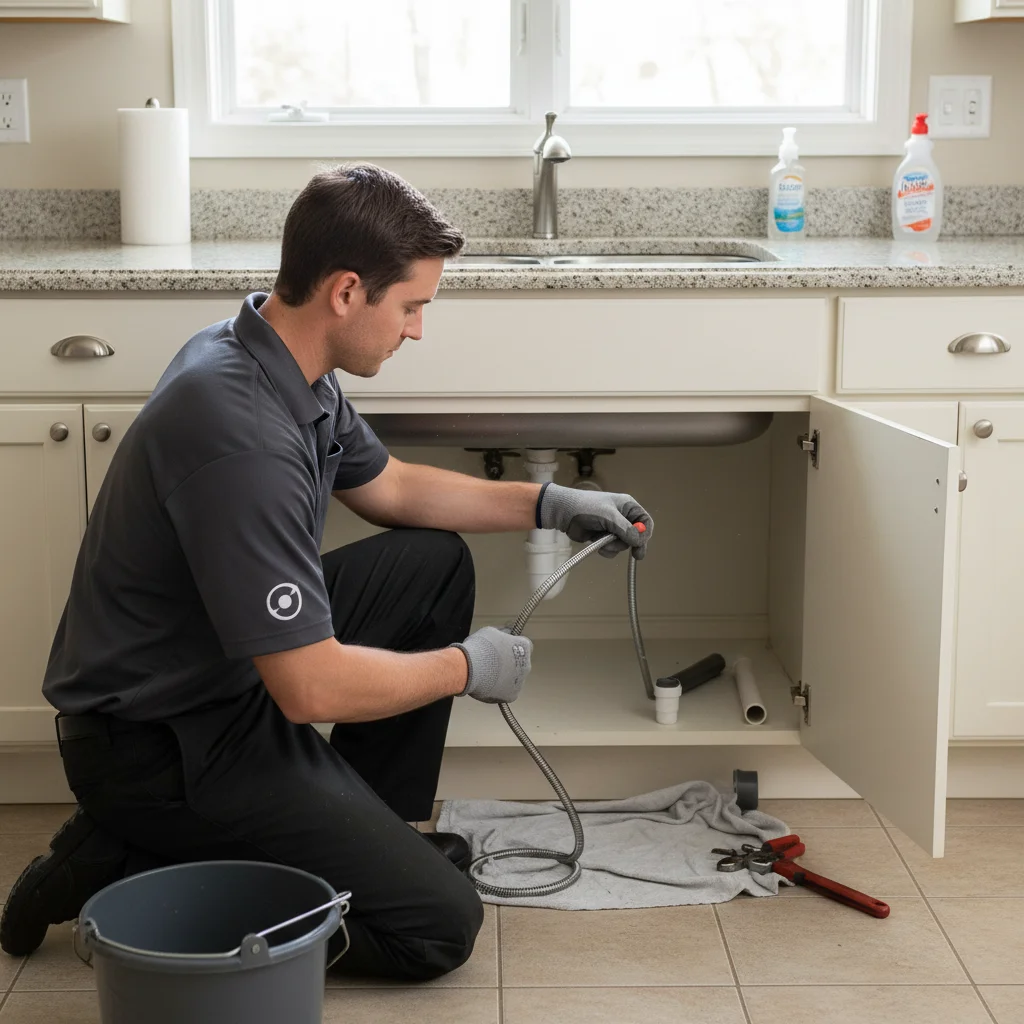 Plumber running a drain snake through a kitchen sink line in a La Mesa home