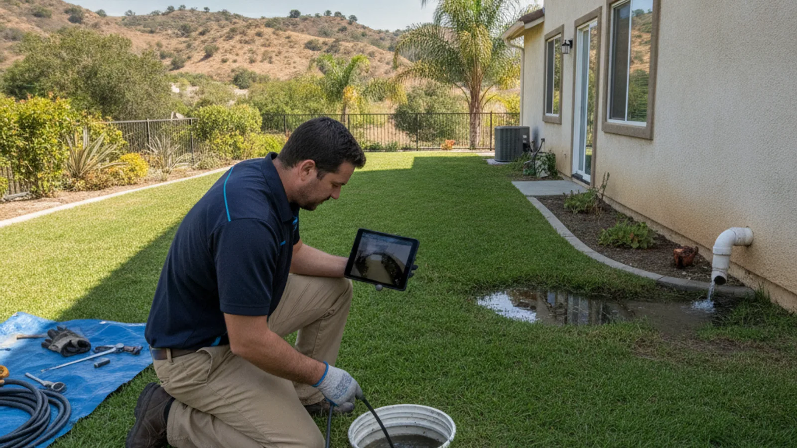 Plumber checking a sewer cleanout access point in a residential yard in East County San Diego