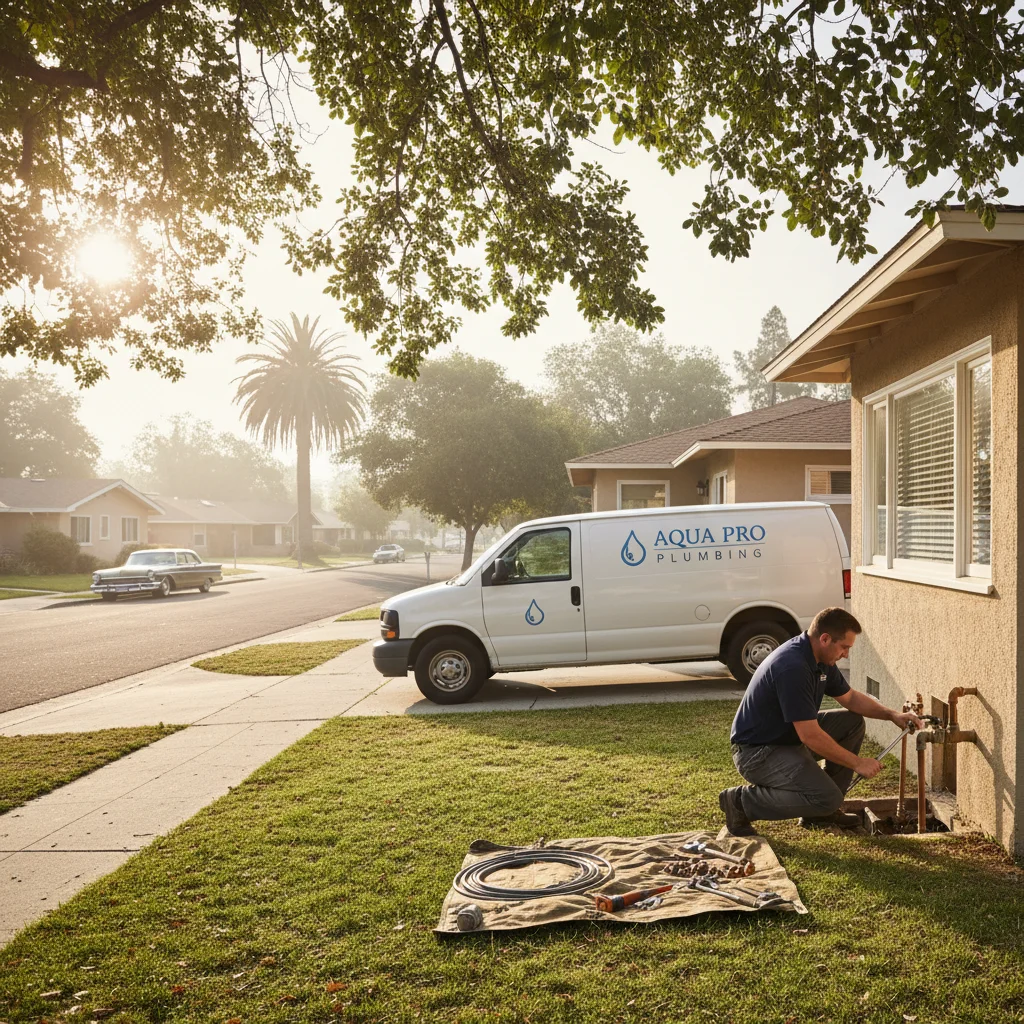 A Lemon Grove residential street with mid-century homes and mature trees, plumbing service van parked in driveway