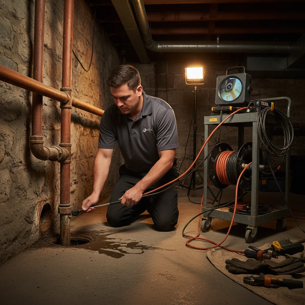 A plumber running a sewer camera through an older Lemon Grove home's drain line