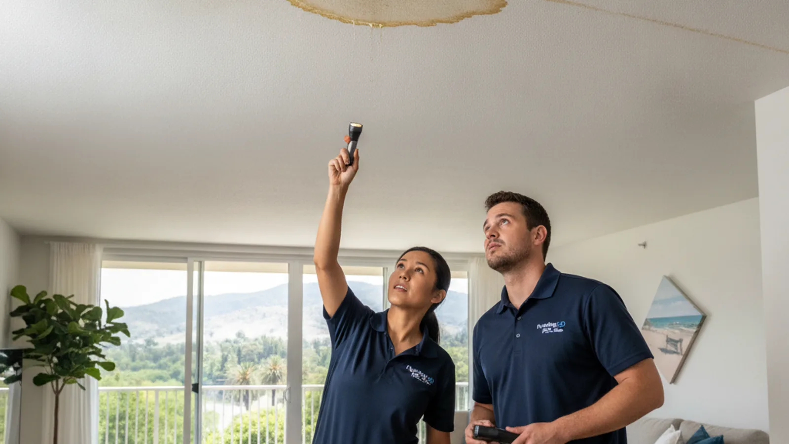 Water stain forming on a ceiling inside a multi-unit condo building near a river valley in San Diego